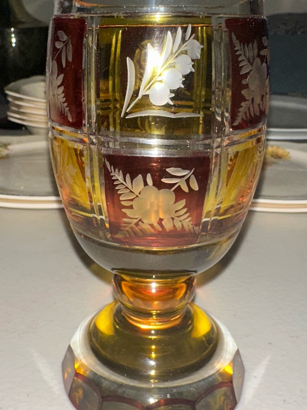 ANTIQUE BOHEMIAN CZECH AMBER /
RUBY GLASS ENGRAVED BEAKER /
TUMBLER, c. 1880s